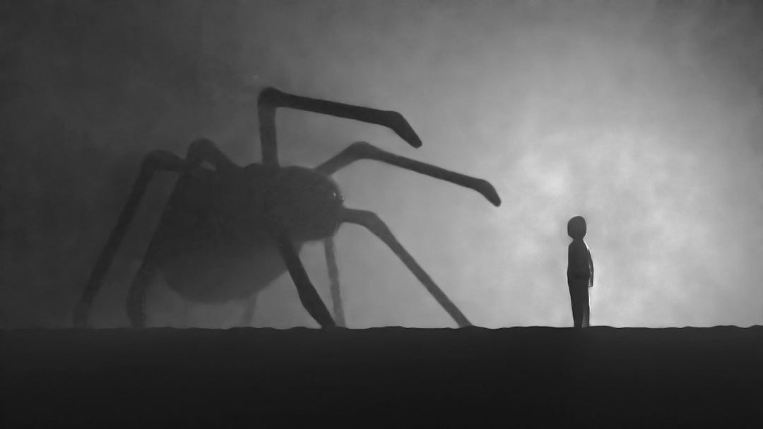 a person standing in front of a giant spider a person standing in front of a giant spider