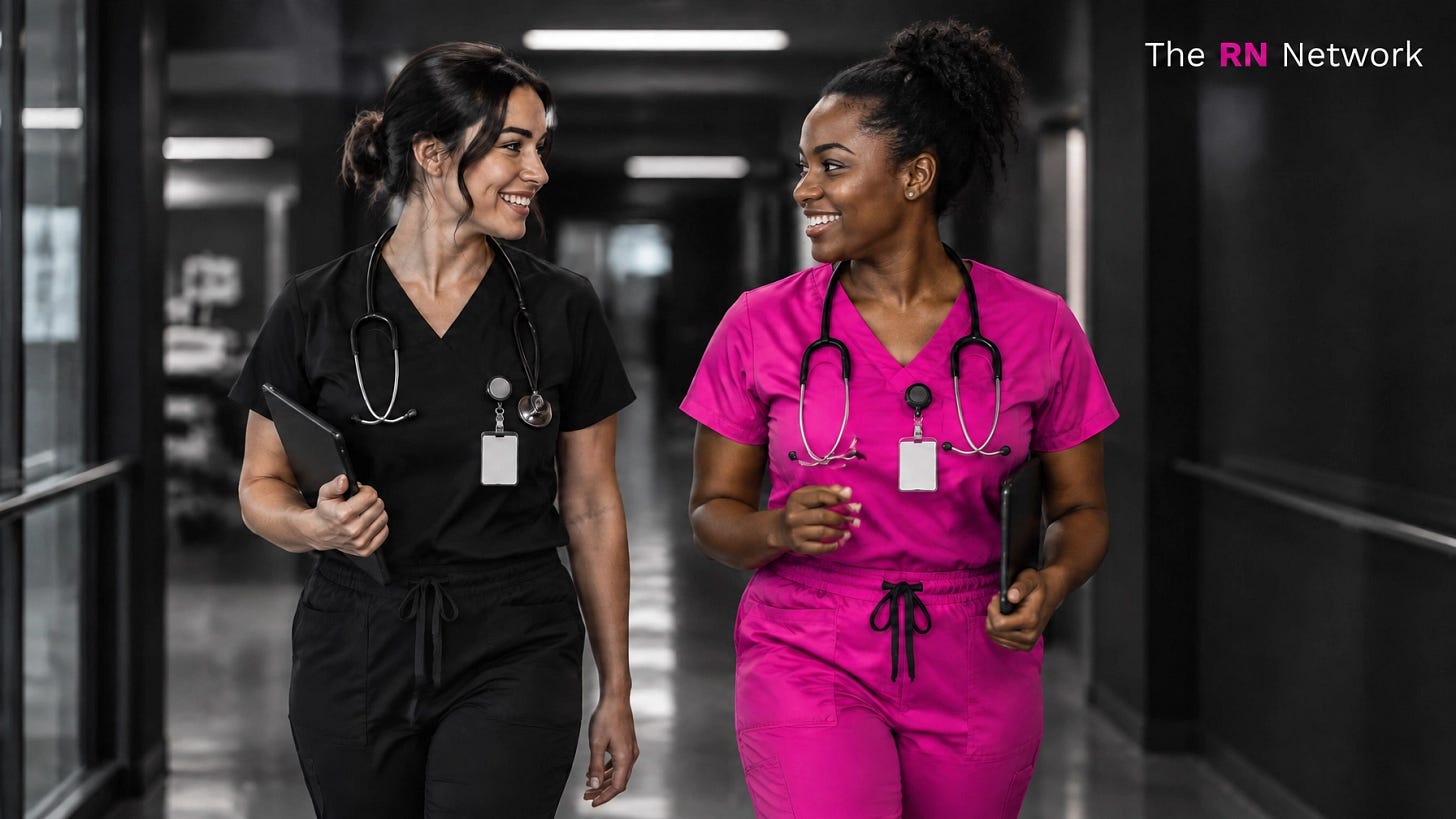 Nurses in pink and black scrubs walking together through a hospital corridor Nurses in pink and black scrubs walking together through a hospital corridor