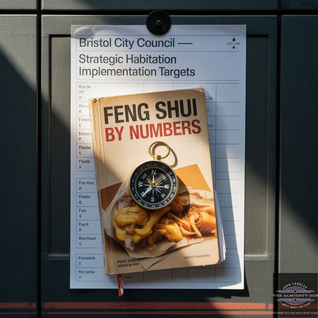 A Bristol City Council document headed Strategic Habitation Implementation Targets pinned to a wall. On top of the document sits a copy of Feng Shui By Numbers showing fish and chips on the cover, with a brass compass placed on top. The compass needle points east. A red road marking is visible at the bottom of the frame. Image relates to Bristol City Council's East Bristol and South Bristol Liveable Neighbourhood schemes and modal filters programme-thealmightygob.com A Bristol City Council document headed Strategic Habitation Implementation Targets pinned to a wall. On top of the document sits a copy of Feng Shui By Numbers showing fish and chips on the cover, with a brass compass placed on top. The compass needle points east. A red road marking is visible at the bottom of the frame. Image relates to Bristol City Council's East Bristol and South Bristol Liveable Neighbourhood schemes and modal filters programme-thealmightygob.com