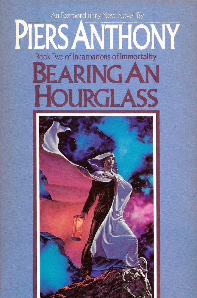 Book cover for BEARING AN HOURGLASS (Book 2 of Incarnations of Immortality) by Piers Anthony, published by Del Rey Books