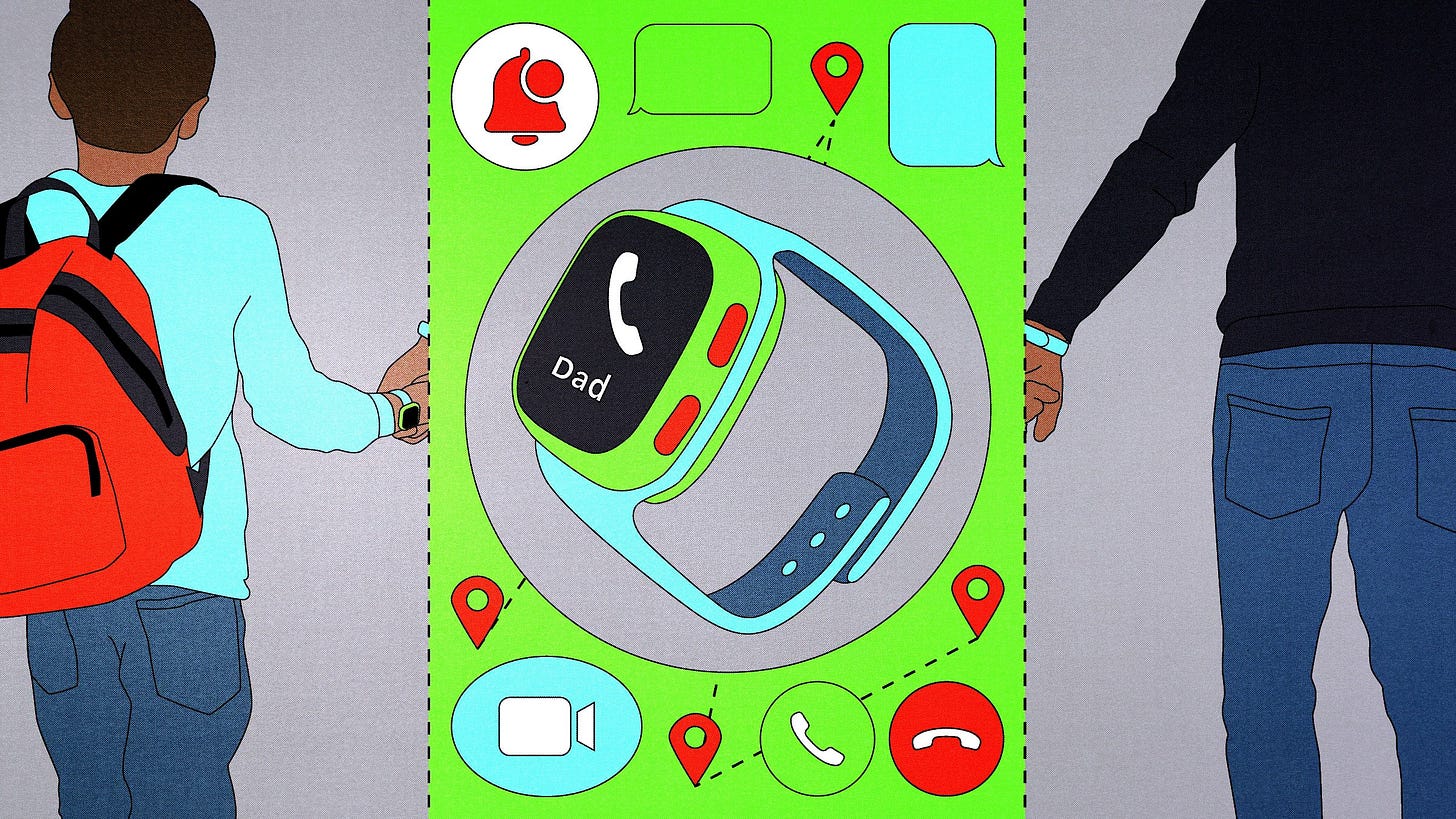 Illustration of a kids' smart watch notification and call symbols and a child and parent holding hands