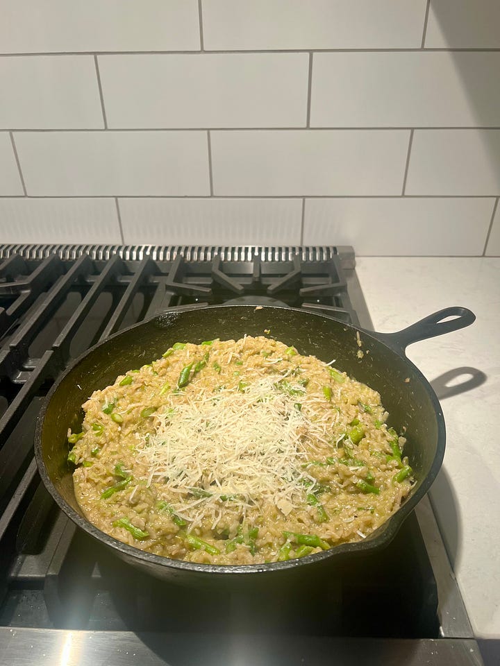 In season spring risotto preparation in the kitchen