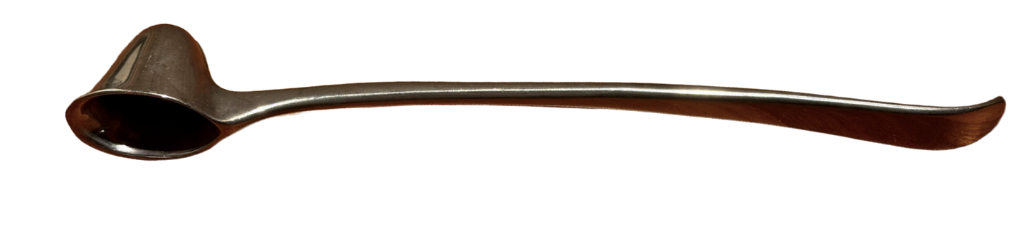 A long silverplated candle snuffer with a helmeted design. The image has no background.