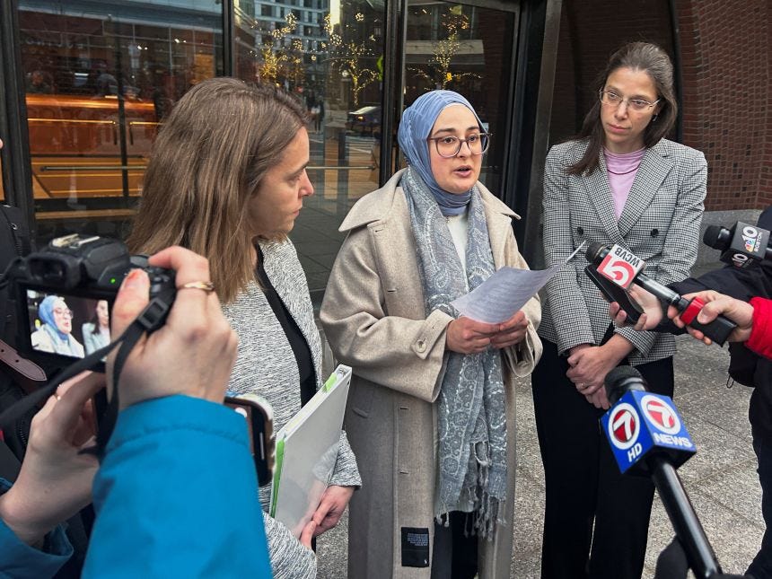 Rümeysa Öztürk speaks to reporters after urging a federal judge to order the Trump administration to restore her student visa record, outside the federal court in Boston, Massachusetts, on December 4, 2025