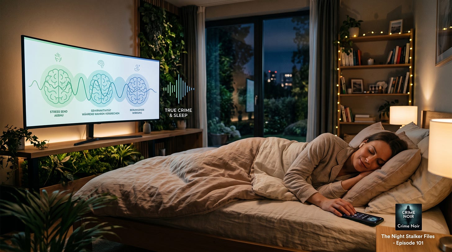 Eine entspannte Person liegt nachts im abgedunkelten Schlafzimmer im Bett und hört mit Kopfhörern True Crime zum Einschlafen, während auf dem Smartphone auf dem Nachttisch eine Kriminal-Podcast-App geöffnet ist. Eine entspannte Person liegt nachts im abgedunkelten Schlafzimmer im Bett und hört mit Kopfhörern True Crime zum Einschlafen, während auf dem Smartphone auf dem Nachttisch eine Kriminal-Podcast-App geöffnet ist.