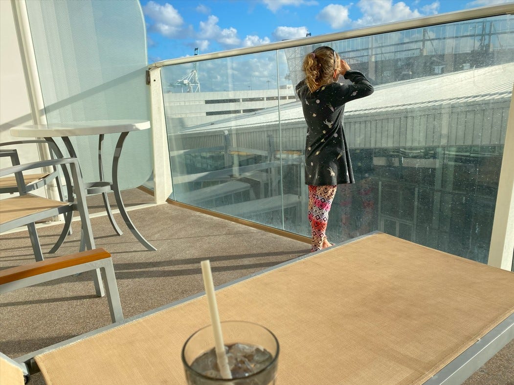A view from the balcony of the Allure of the Seas looking at Royal Caribbean's Terminal A