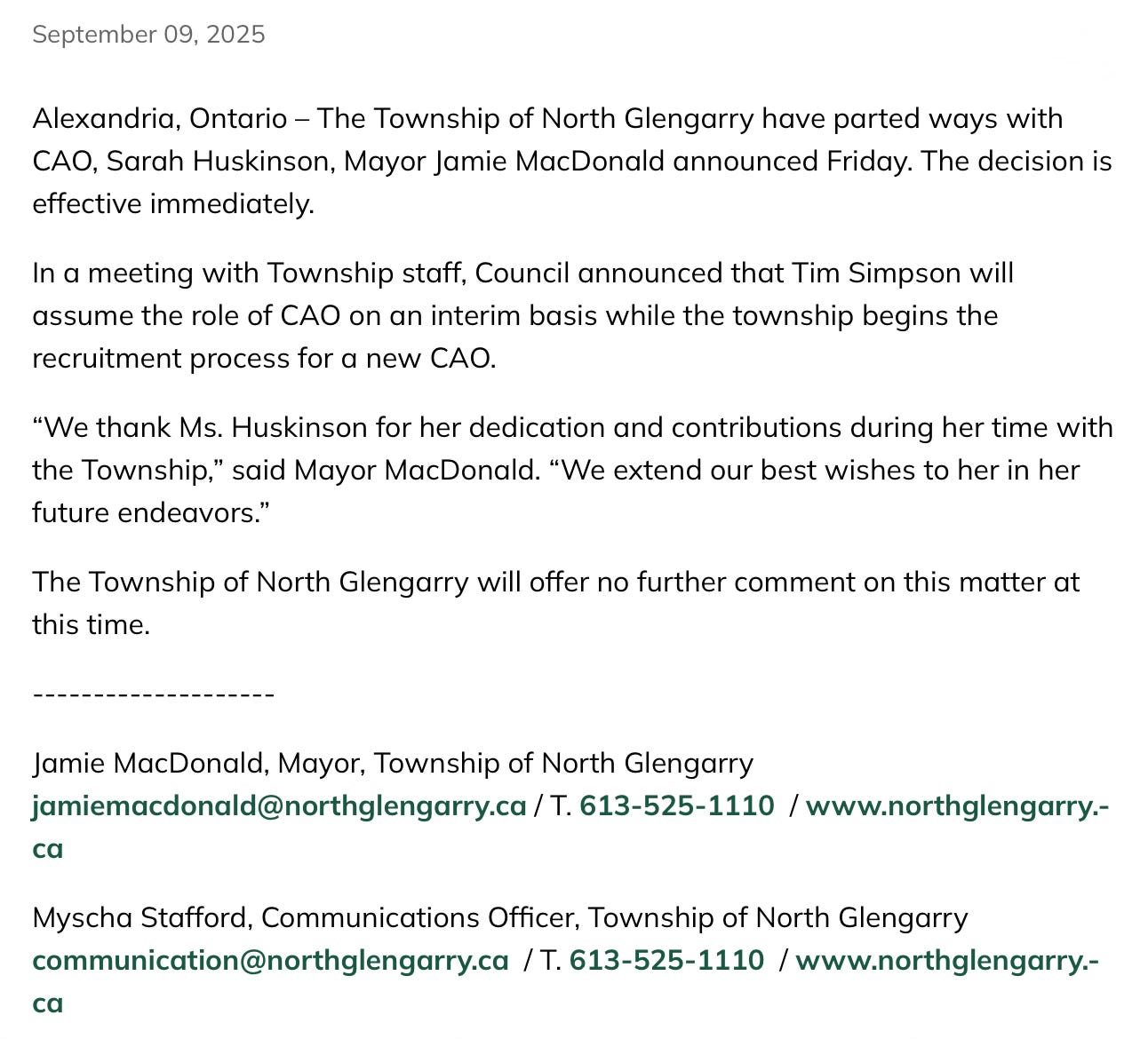 screenshot of announcement