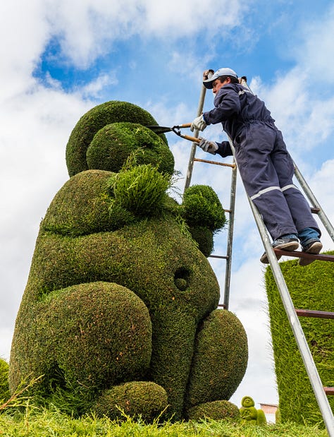 Various examples of topiary design, from ancient Rome to suburban California.