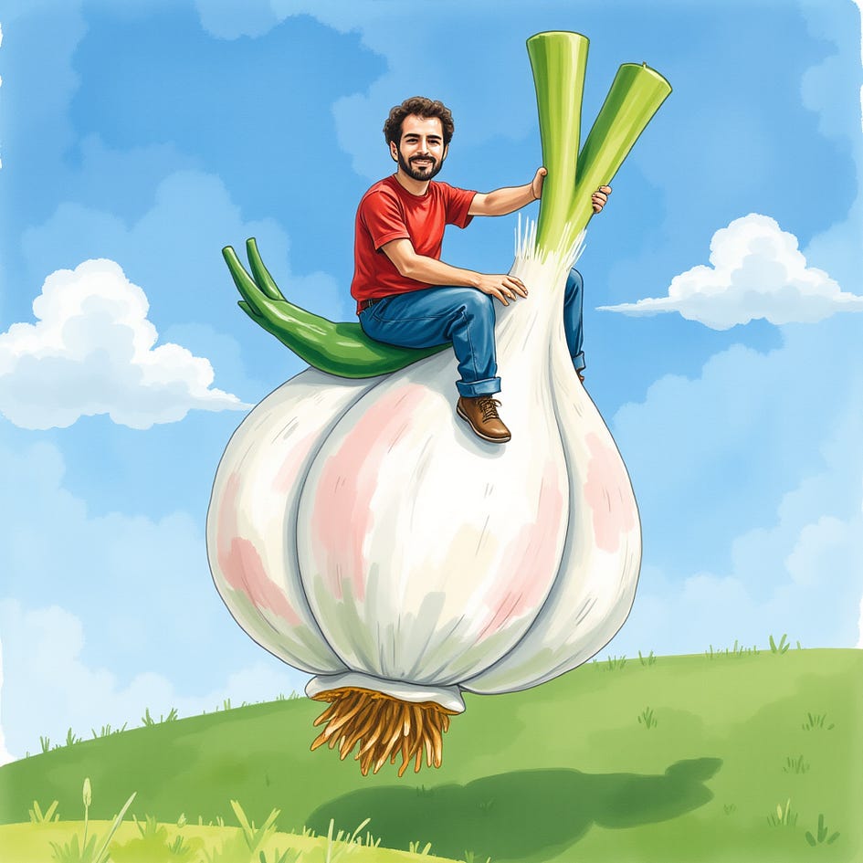 Image created with FLUX.1: Me riding a giant garlic in a green field with a watercolour painting touch.