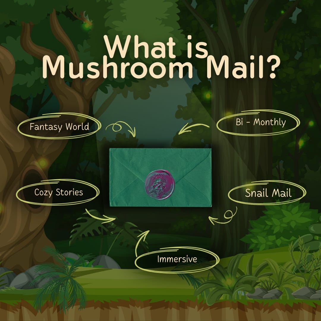 What is Mushroom Mail? Fantasy world, cozy stories, immersive, snail mail, bi-monthly.