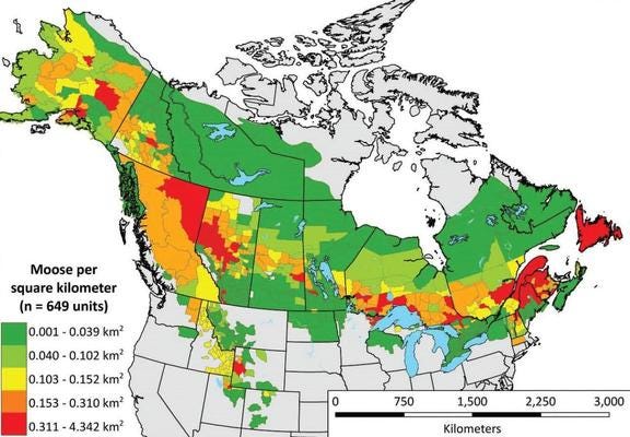  a map of Canada showing how many moose per kilometer in each region.
