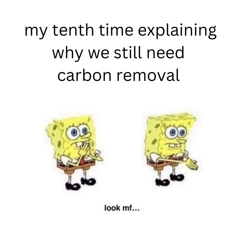 "my tenth time explaining why we still need carbon removal" above two identical SpongeBob figures gesturing, with the caption "look mf..."