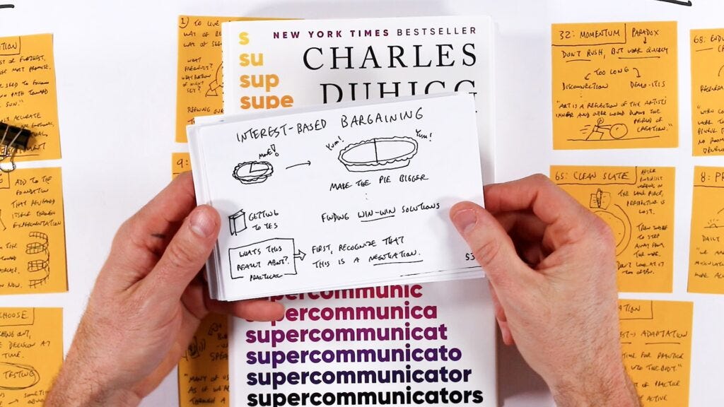 Two hands holding open a book by Charles Duhigg (a New York Times Bestseller with "Supercommunicators" visible along the bottom edge) to a page showing a hand-sketched visual note on an index card about "Interest-Based Bargaining." The sketch includes drawings of two pies with the phrase "Make the pie bigger," along with notes about "Getting to Yes," "Finding win-win solutions," and recognizing negotiation dynamics. Orange sticky notes with visual notes from a previous sketching session are visible in the background. Two hands holding open a book by Charles Duhigg (a New York Times Bestseller with "Supercommunicators" visible along the bottom edge) to a page showing a hand-sketched visual note on an index card about "Interest-Based Bargaining." The sketch includes drawings of two pies with the phrase "Make the pie bigger," along with notes about "Getting to Yes," "Finding win-win solutions," and recognizing negotiation dynamics. Orange sticky notes with visual notes from a previous sketching session are visible in the background.