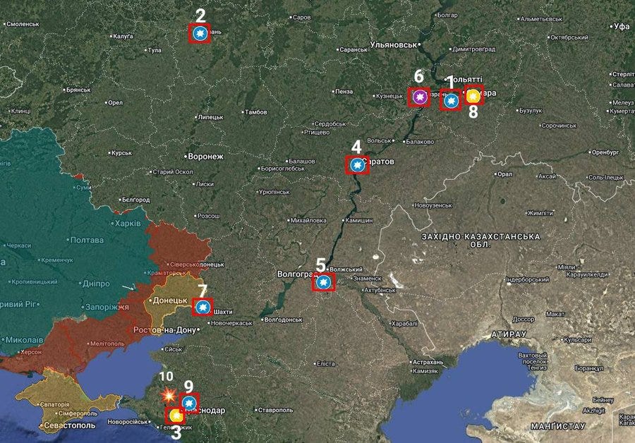 A map of Eastern Europe and Western Asia with numbered red dots marking locations. The dots are labeled 1 through 10, indicating Novokuibyshevsky, Ryazansky, Afipsky, Saratovsky, Volgogradsky, Syzransky, Novoshakhtinsky, Kuibyshkovsky, Krasnodarsky, and Ilsky refineries. A map of Eastern Europe and Western Asia with numbered red dots marking locations. The dots are labeled 1 through 10, indicating Novokuibyshevsky, Ryazansky, Afipsky, Saratovsky, Volgogradsky, Syzransky, Novoshakhtinsky, Kuibyshkovsky, Krasnodarsky, and Ilsky refineries.