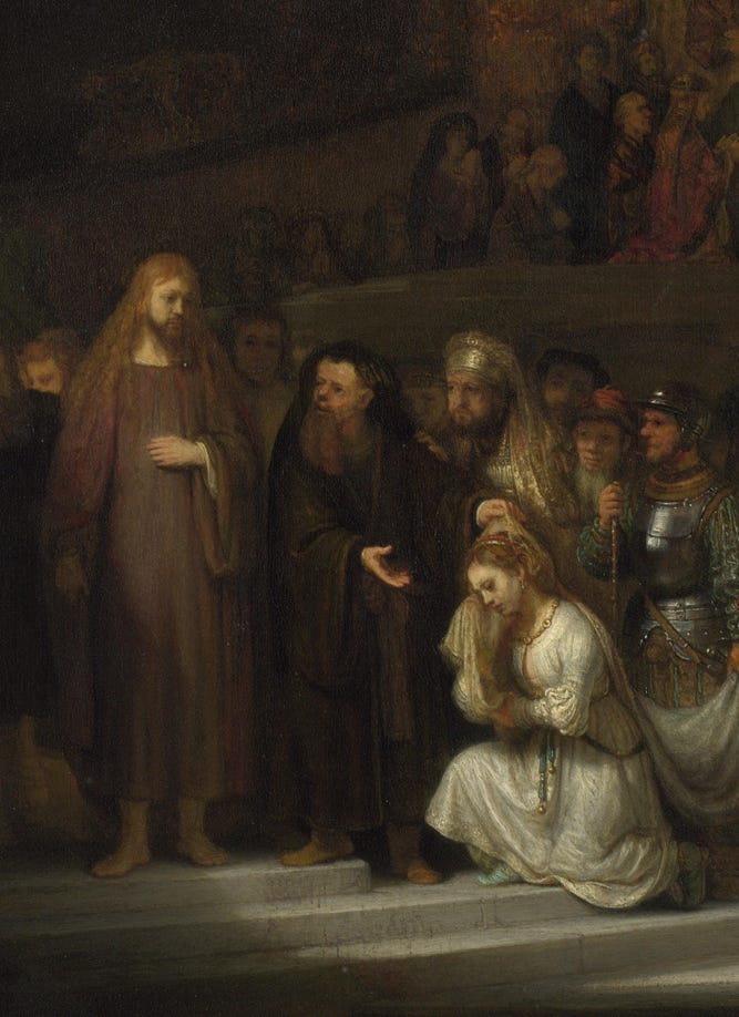 File:Rembrandt Christ and the Woman Taken in Adultery (cropped for central  figures).jpg - Wikimedia Commons