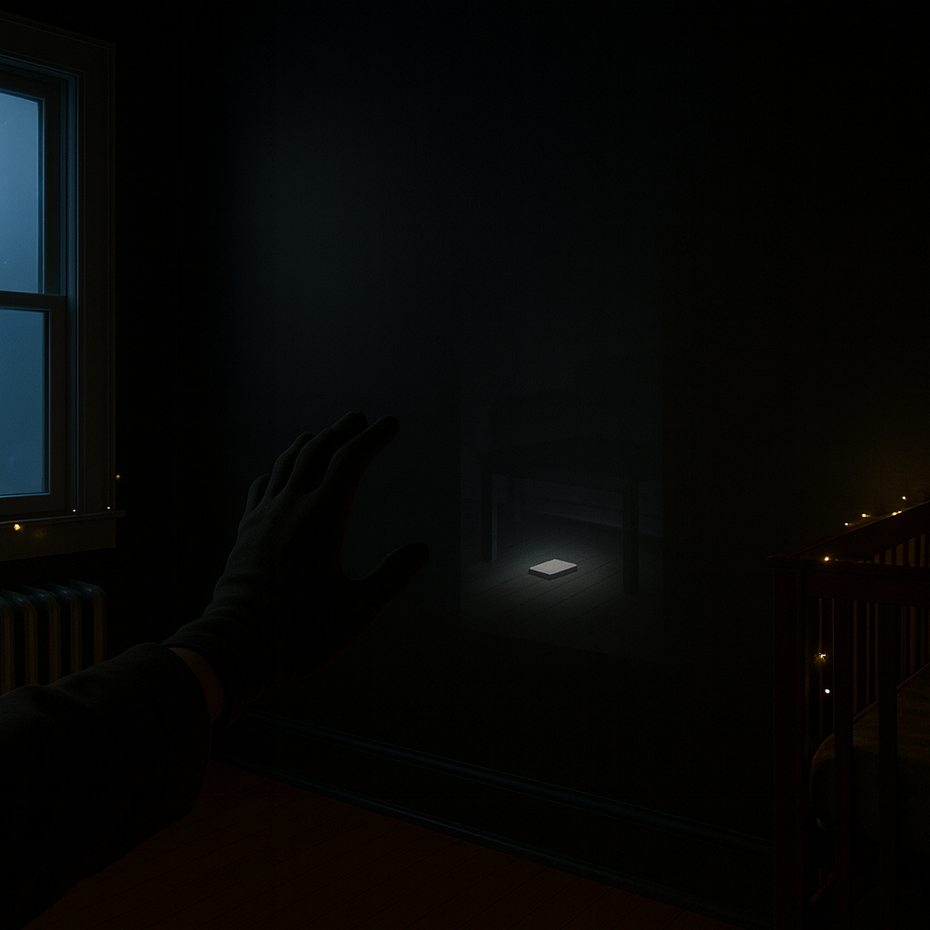 Matte-black nursery at dusk; on the wall a faint, ghostly scene appears—living room with a coffee table and a glowing phone lying beneath it—while a gloved painter’s hand reaches toward the projection; cold window light and faint fairy lights; crib edge at right.