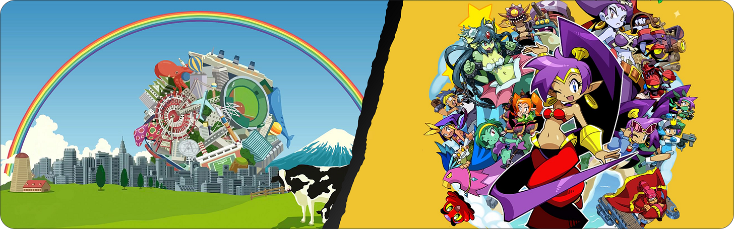 Header image showing a collage of both Katamari Damacy REROLL and Shantae: Half Genie Hero!