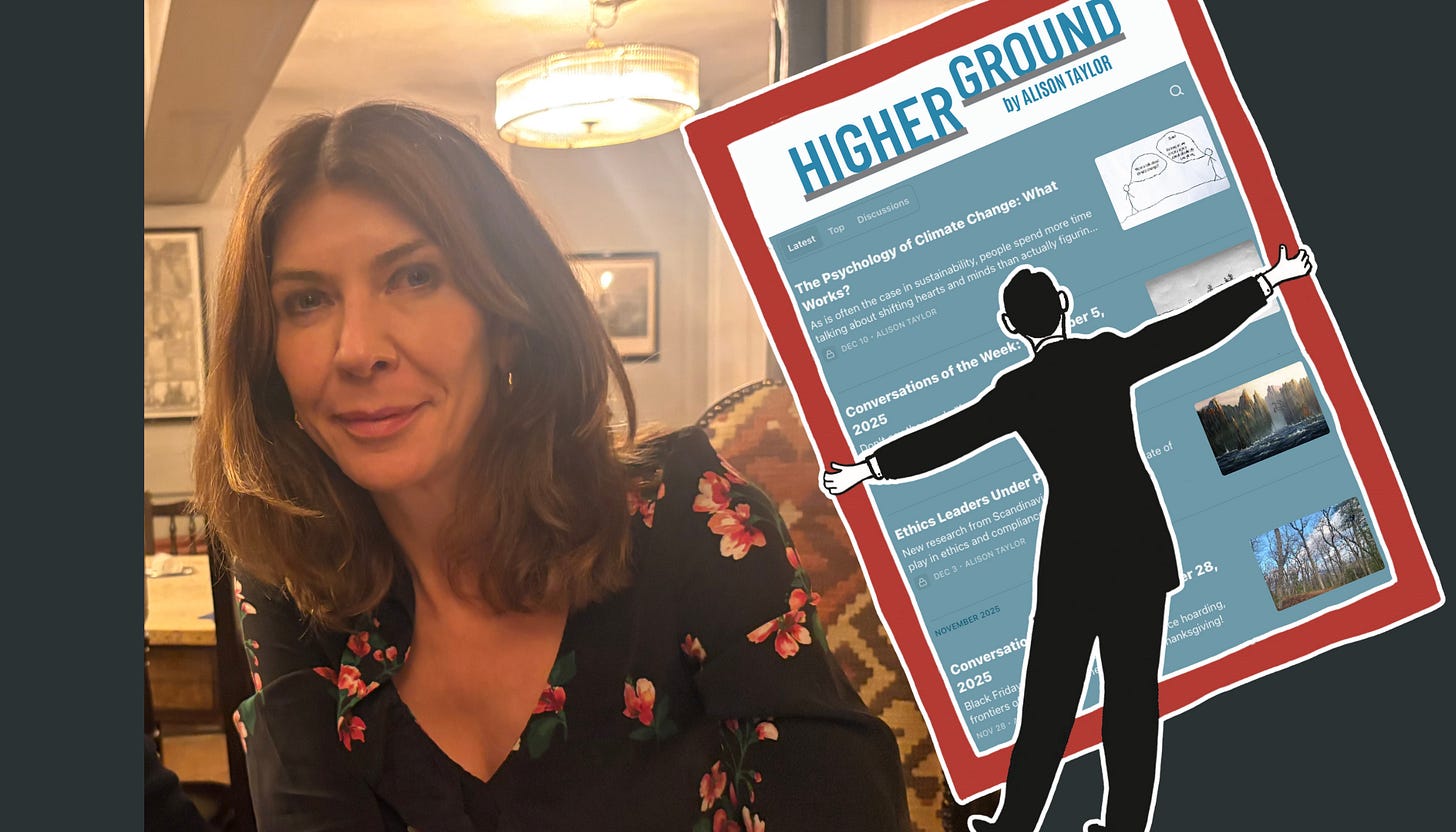 A profile photo of Alison Taylor and a screenshot of the Higher Ground newsletter.