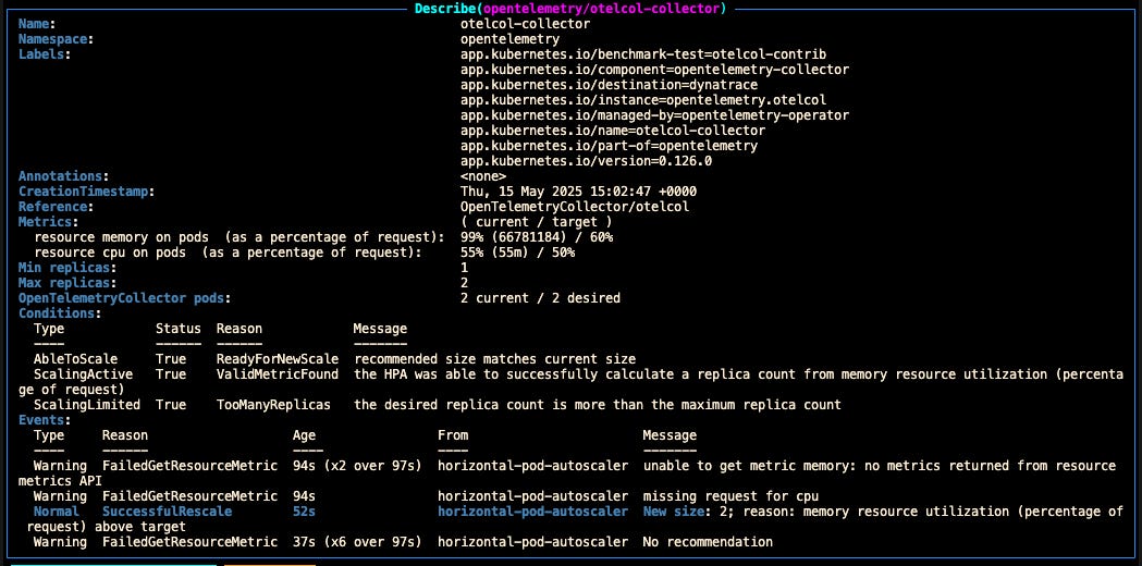 Kubernetes Horizontal Pod Autoscaler (HPA) status for the OpenTelemetry Collector in k9s, showing metrics, scaling limits, current/desired replicas, conditions, and events.