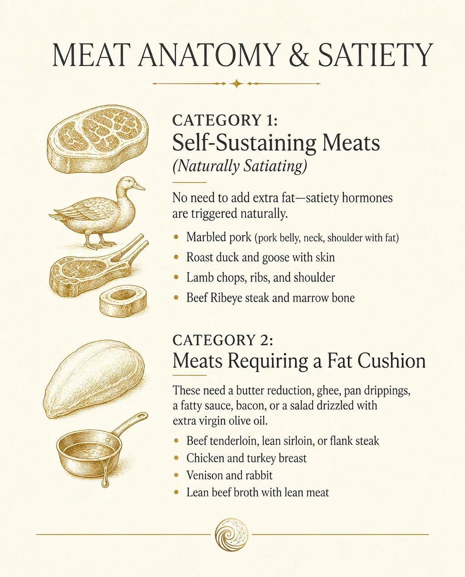 Botanical style chart comparing naturally satiating fat-rich meats with lean meats requiring added healthy fats.
