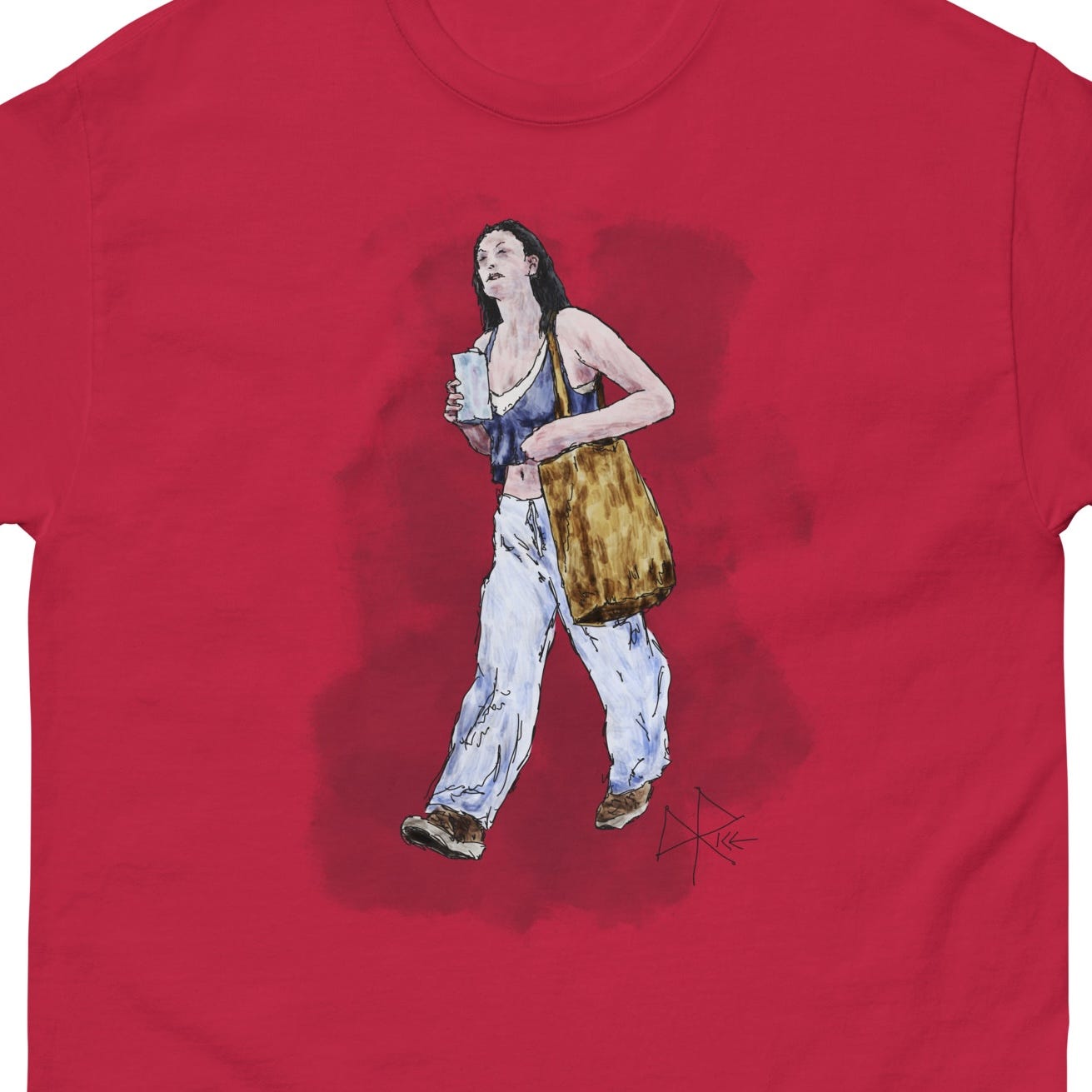 A woman walking with a canvas shopping bag slung over one crooked forearm and holding a beverage carton in her other hand. Sketch art by Don Rice. A woman walking with a canvas shopping bag slung over one crooked forearm and holding a beverage carton in her other hand. Sketch art by Don Rice.