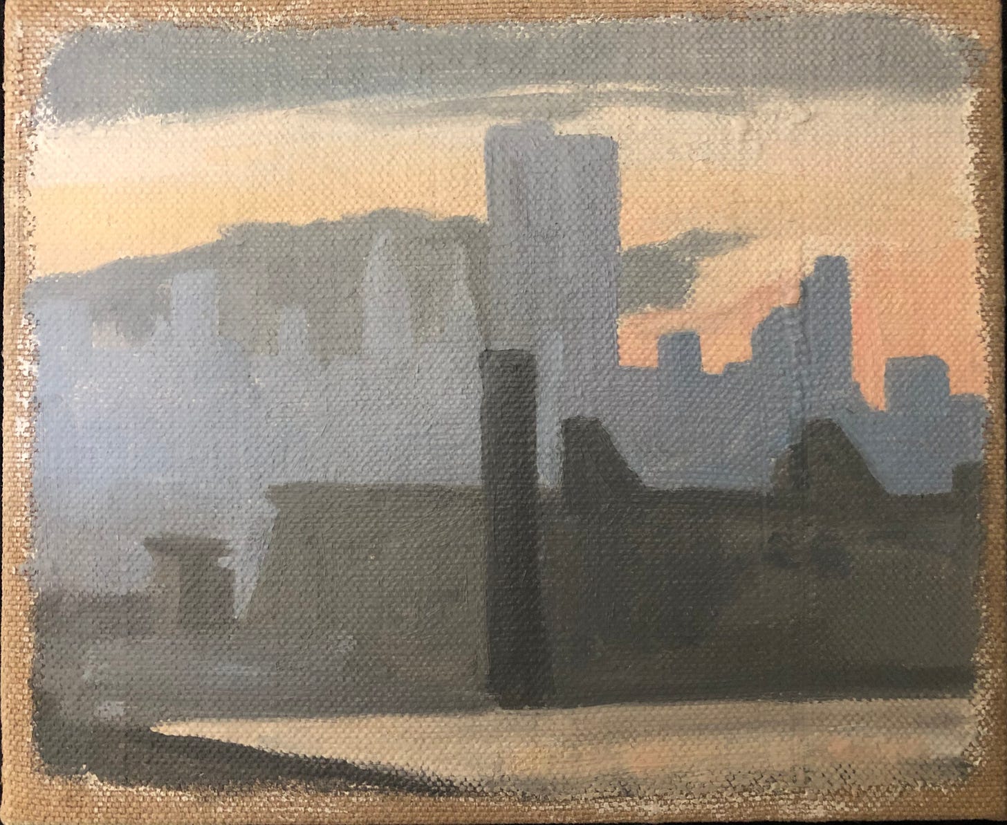 An ethereal atmospheric painting of a cityscape in low light with the Twin Towers in the distance and Brooklyn rooftops in the foreground.