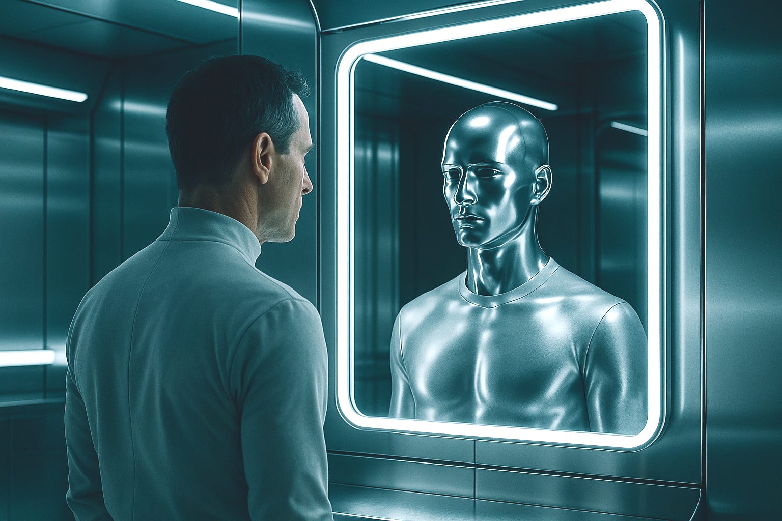 A man stands in a bright, futuristic lab, gazing into a mirror made of circuitry that reflects a flawless, emotionless version of himself. The white and blue lighting gives a sterile, digital feel — symbolizing humanity’s obsession with immortality and perfection through technology. A man stands in a bright, futuristic lab, gazing into a mirror made of circuitry that reflects a flawless, emotionless version of himself. The white and blue lighting gives a sterile, digital feel — symbolizing humanity’s obsession with immortality and perfection through technology.