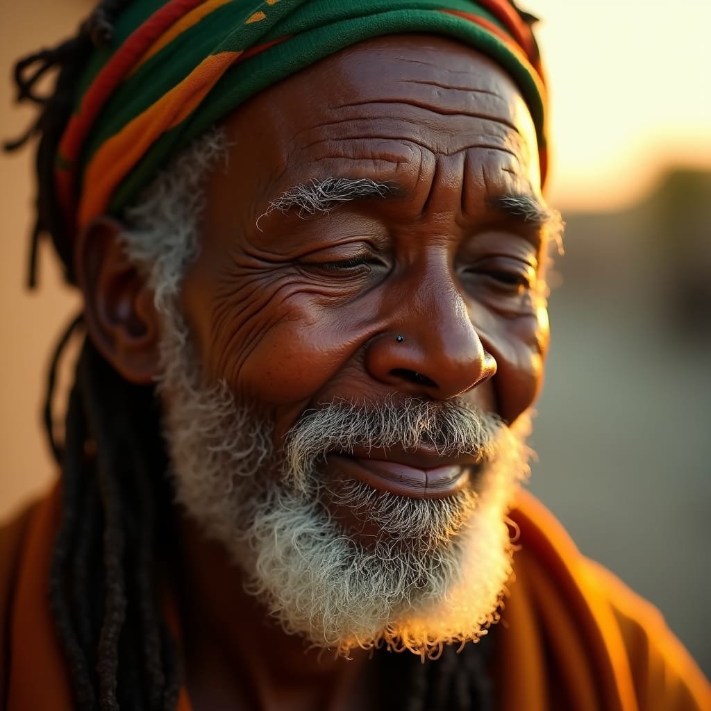 Elderly black Rastafarian woman, eyes closed, facial wrinkles and age lines accentuated, warm golden light illuminating her weathered skin, as if bathed in the gentle glow of a Caribbean sunset, shot in extreme close-up, filling the frame with her wise, aged face, with hints of a wispy white beard and hair tied back in a simple yet elegant dreadlocked crown, set against a shallow depth of field, softly blurring the edges, reminiscent of the cinematic works of Sofia Coppola and Barry Jenkins, with a subtle film grain texture Elderly black Rastafarian woman, eyes closed, facial wrinkles and age lines accentuated, warm golden light illuminating her weathered skin, as if bathed in the gentle glow of a Caribbean sunset, shot in extreme close-up, filling the frame with her wise, aged face, with hints of a wispy white beard and hair tied back in a simple yet elegant dreadlocked crown, set against a shallow depth of field, softly blurring the edges, reminiscent of the cinematic works of Sofia Coppola and Barry Jenkins, with a subtle film grain texture