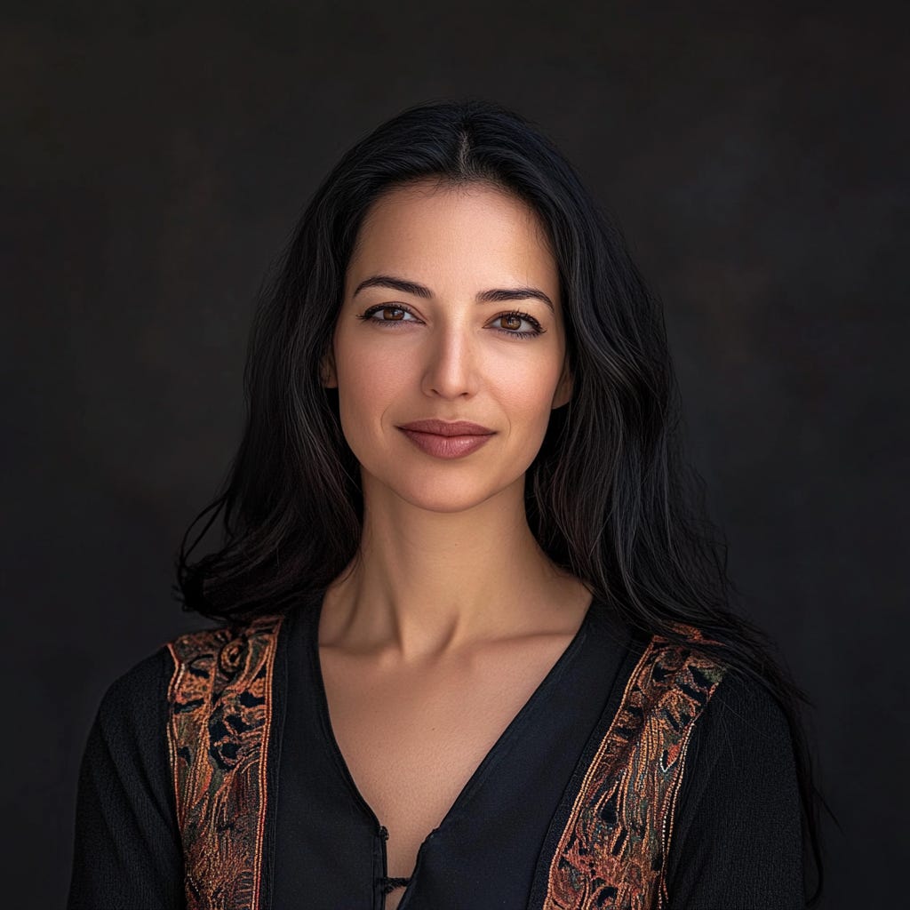 A reimagined portrait of Liat Portal created using MidJourney, featuring long dark hair, subtle makeup, and wearing an embroidered dark garment, set against a softly lit dark background.