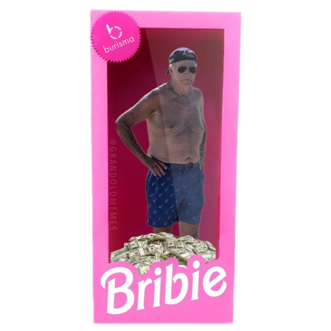 May be pop art of 1 person, money and text that says 'burisma Bribie'