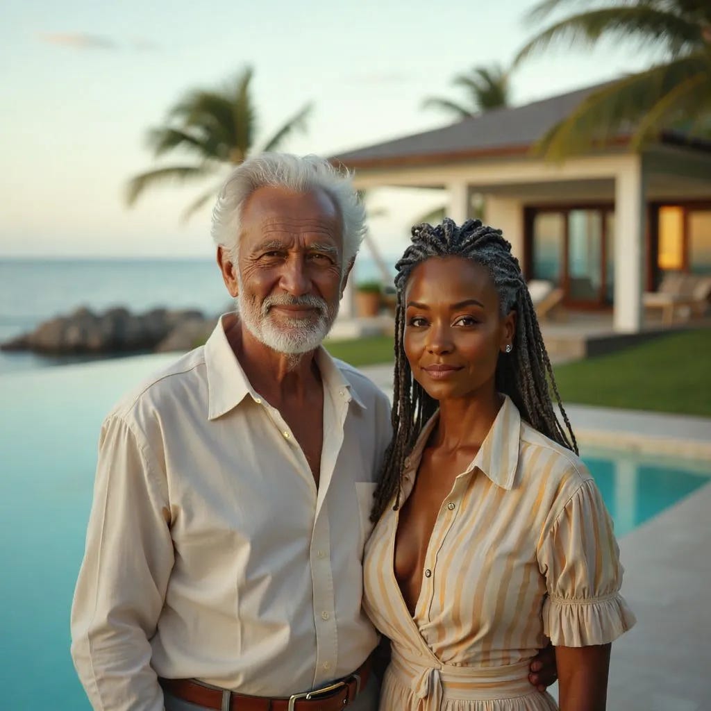Two people standing together outside a modern coastal home at sunset, with palm trees and a swimming pool in the background, representing lifestyle and connection within the Jamaican diaspora.