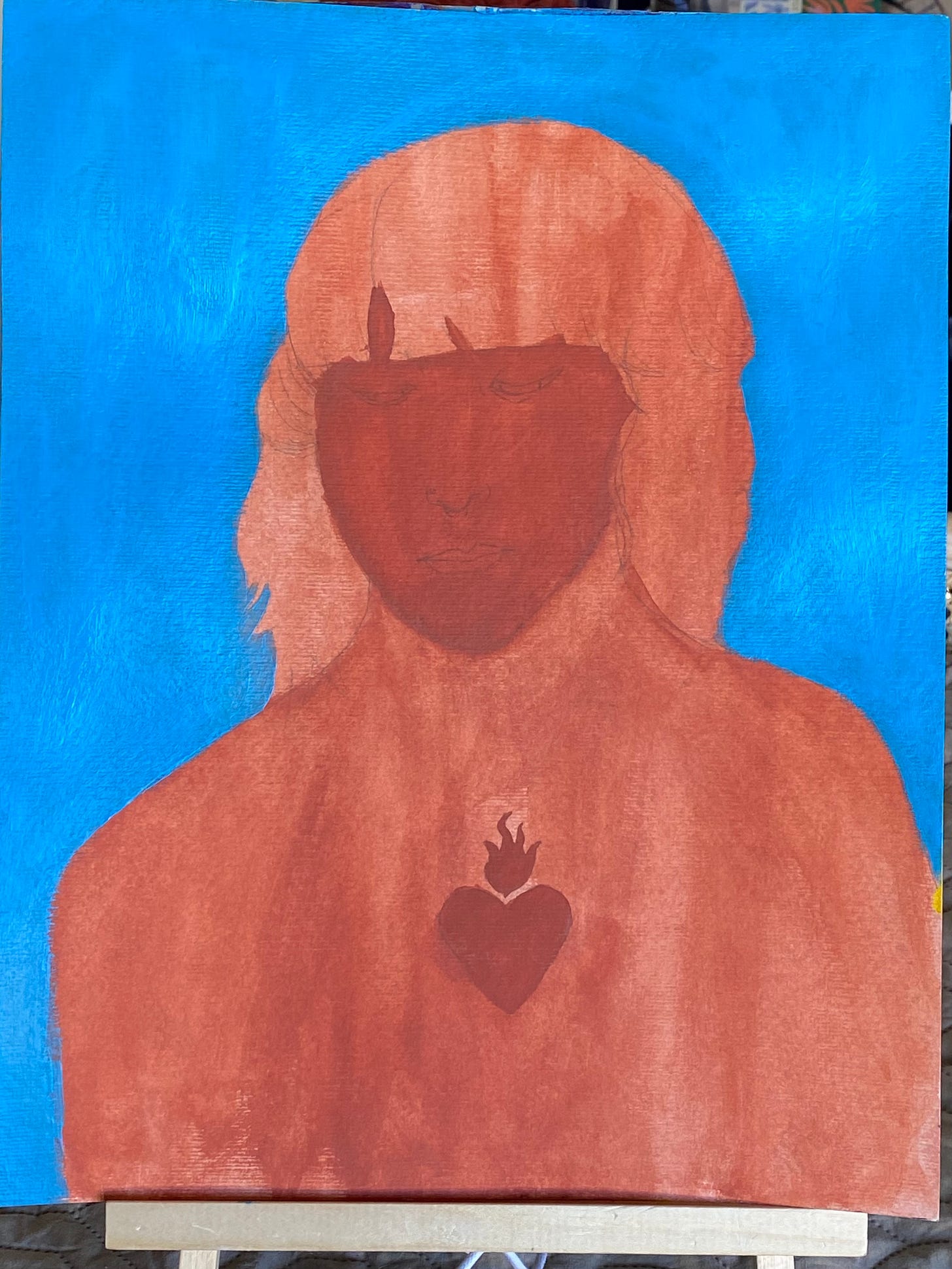 the same sketch of my likeness painted over with a burnt Sienna wash and a sky blue background