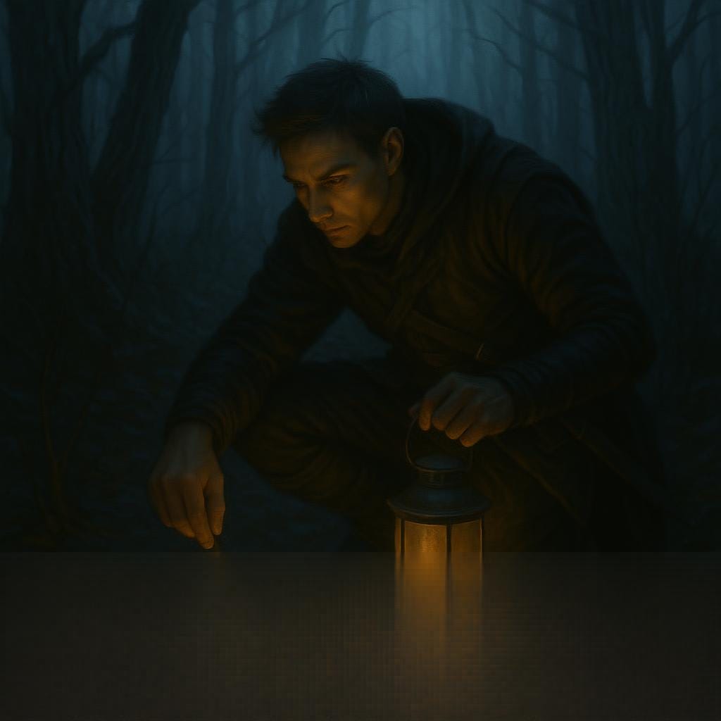 Greegan examining one of Silverleaf's footprints in the Svalich woods