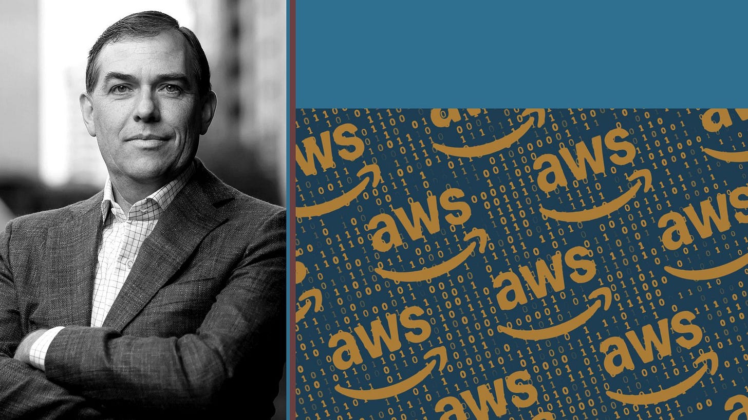 Photo illustration of Matt Garman next to colorful rectangles and a pattern of AWS logos over binary code. 