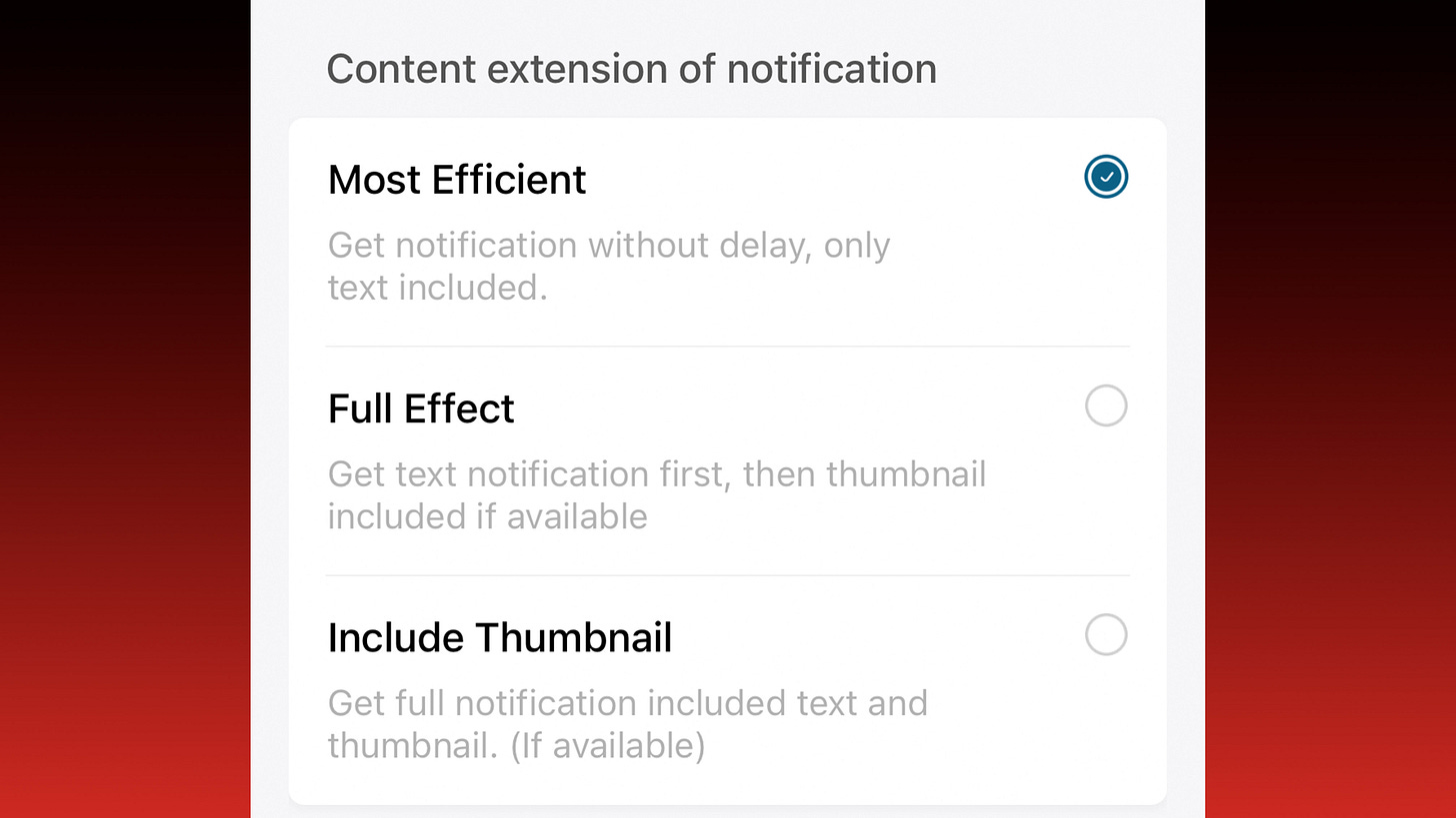 screenshot of the notification settings of a Eufy camera, with Most Efficient selected screenshot of the notification settings of a Eufy camera, with Most Efficient selected