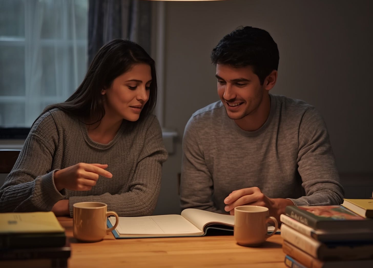 two parents sitting together at a kitchen table in the evening, talking over a homeschool planner with mugs of tea nearby, soft lamp light, children’s books stacked on the table, peaceful collaborative mood two parents sitting together at a kitchen table in the evening, talking over a homeschool planner with mugs of tea nearby, soft lamp light, children’s books stacked on the table, peaceful collaborative mood