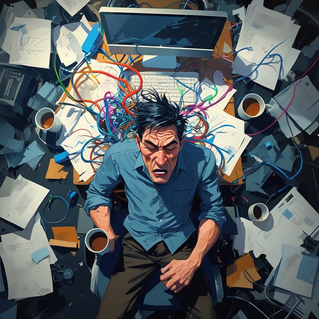 A frazzled engineer surrounded by paper and coffee