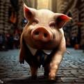A pig in a suit walking on a brick road

Description automatically generated
