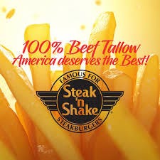 Steak 'n Shake promotional image over golden fries with the text "100% Beef Tallow — America deserves the Best!" and the chain's circular logo.