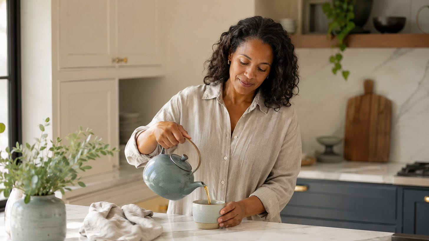 Woman pouring tea in a calm kitchen, symbolizing steady nervous-system support and integration.