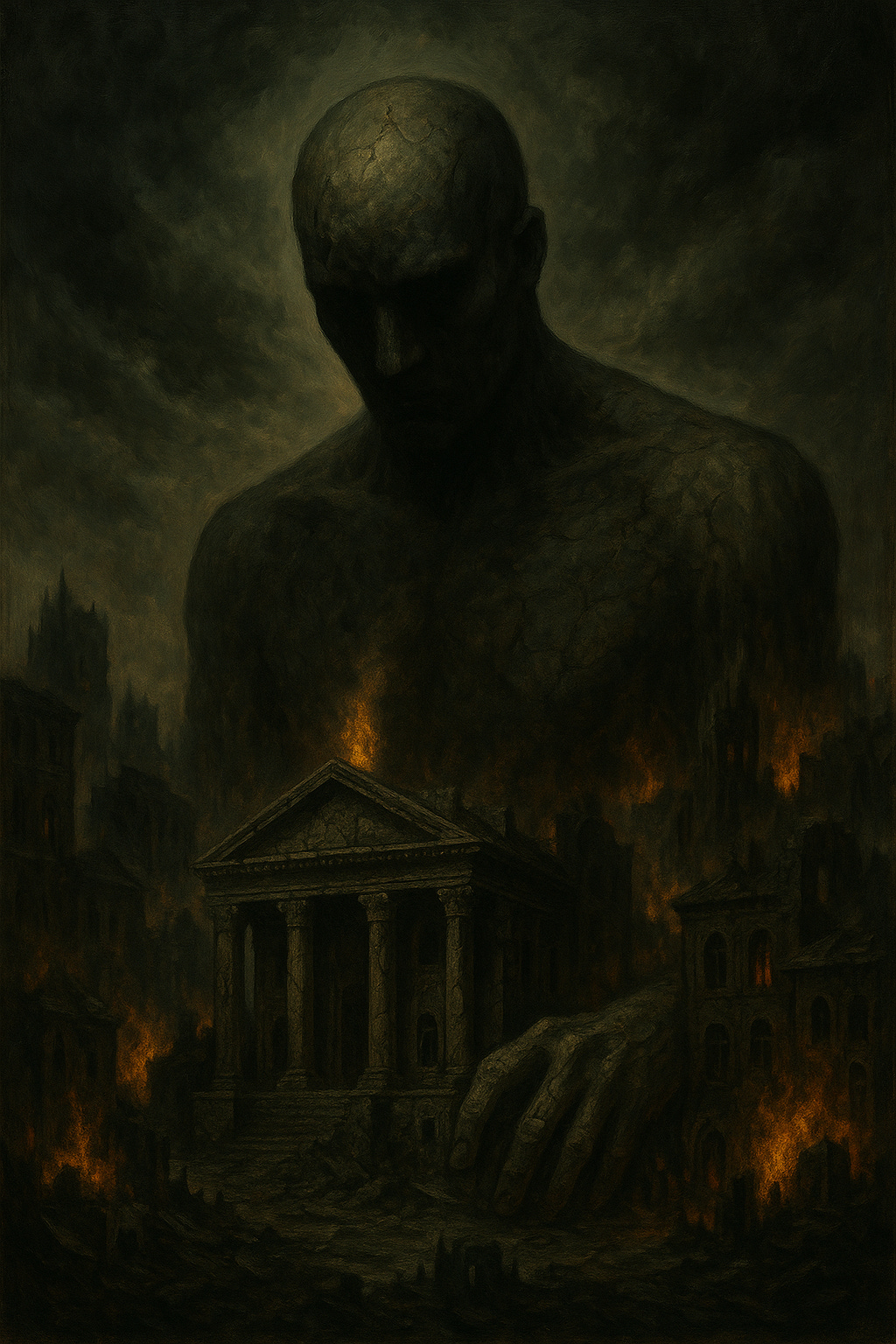 A towering, cracked stone figure looms over a crumbling classical temple amidst a burning city. The giant's hand grips the earth beside the temple, as fire and ash engulf the ruins of civilisation. The figure is faceless, ancient, and immense—symbolising the haunting legacy of trauma solidified into institutions. The temple represents patriarchal systems, once erected as survival structures, now fossilised into control. The image evokes the cost of forgetting our emotional origins and mistaking collapse for civilisation.