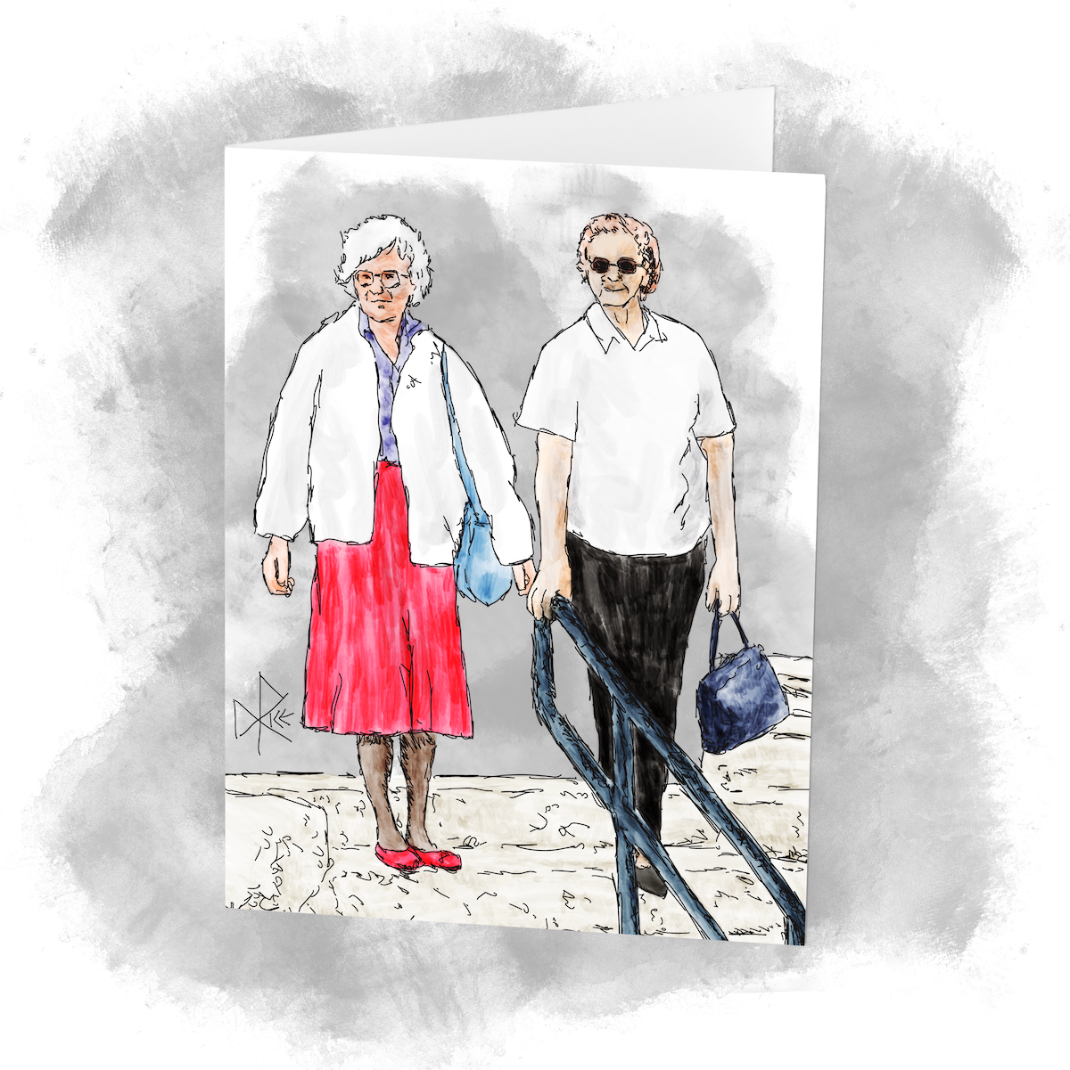 Two older women on the stairs outside of a building on a nice spring day. Sketch art by Don Rice.