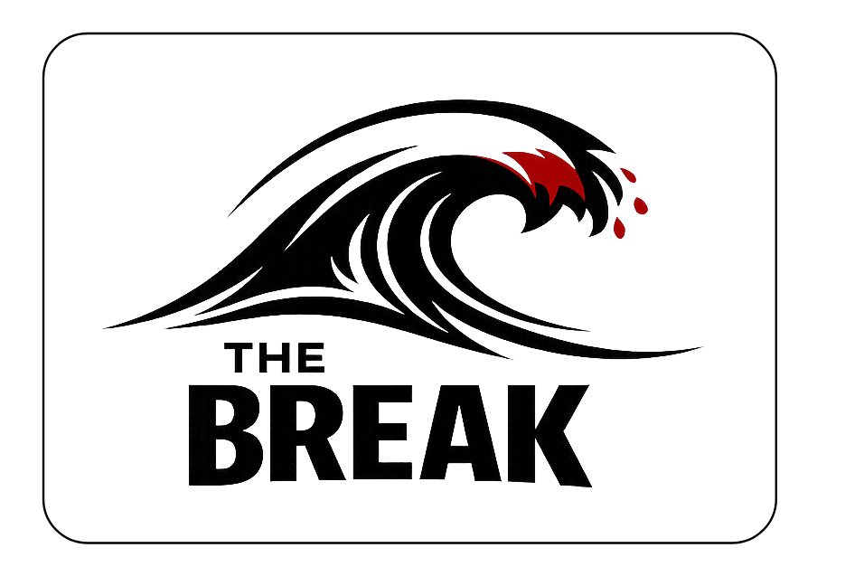 Stylized logo of a large black wave with a red crest, above the bold text ‘THE BREAK’ Stylized logo of a large black wave with a red crest, above the bold text ‘THE BREAK’