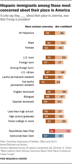 Chart showing that Hispanic immigrants are among those most concerned about their place in America. Chart showing that Hispanic immigrants are among those most concerned about their place in America.