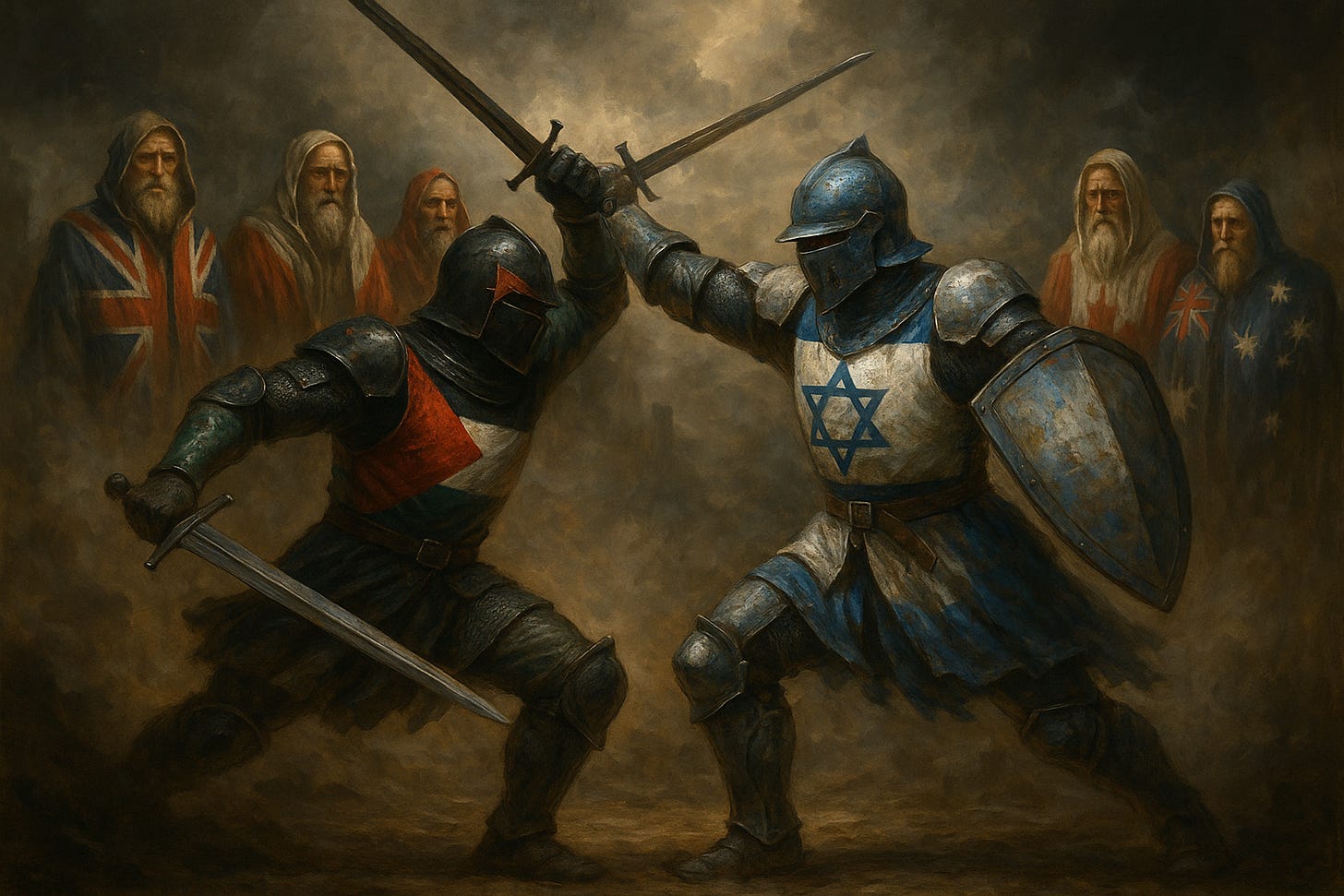 Duel of two flag-colored warriors with sages supporting one side. Duel of two flag-colored warriors with sages supporting one side.