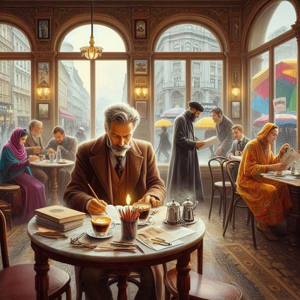 Stelle eine atmosphärische Szene in einem traditionellen Wiener Kaffeehaus dar, inspiriert vom Text. Im Mittelpunkt sitzt Quirin Schröder an einem Marmortisch, umgeben von spitzen Bleistiften, einer dampfenden Melange und Notizbuch. Die Stimmung ist herbstlich, draußen prasselt Regen an die Scheiben, Passanten in bunten Regenponchos und ein Mann im Kaftan gehen vorbei. Im Café sitzen Gäste unterschiedlicher Herkunft: eine Frau mit Hijab, ein alter Herr mit Zeitung, ein Pärchen, ein Student mit Laptop. Der Ober Franz poliert grantig Gläser. Die Szene soll die Themen Doppelmoral, Integration, kulturelle Vielfalt und das berühmte wienerische Schulterzucken widerspiegeln. Verwende warme, gedämpfte Farben, viel Holz, Marmor und Messing, dezente Lichtreflexe, melancholische und ironische Stimmung. Die Details sollen die Mischung aus Tradition, kulturellem Eintopf und unterschwelliger Heuchelei zeigen, ohne plakativ zu wirken. Stil: realistisch mit leichtem literarischem Flair, als Illustration für einen gesellschaftskritischen Roman.