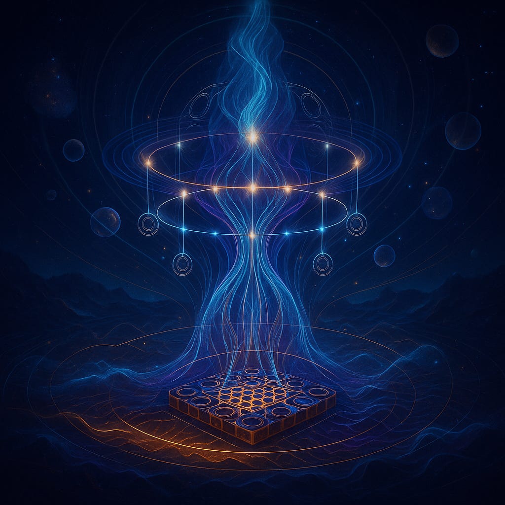 Symmetrical cosmic scene: a glowing honeycomb-patterned quantum chip on a dark landscape emits braided blue energy that rises and threads through stacked luminous halo rings dotted with bright nodes, while fine golden contour waves ripple outward beneath a starry sky.
