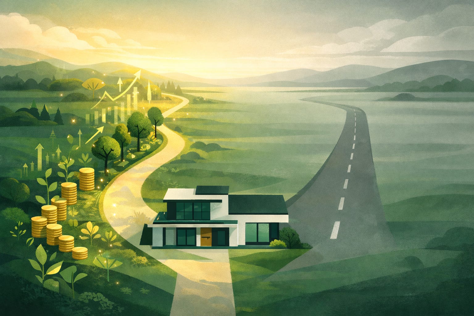 Conceptual illustration of how disciplined refinancing behavior creates long-term wealth. A modern home sits in the center of a sunlit valley between two diverging paths. On the left, a golden, glowing path winds through lush greenery, growing plants, stacks of gold coins, and rising arrows and bar charts that point upward — representing disciplined behavior that redirects refinance cash flow savings toward principal and builds wealth steadily over time. On the right, a flat gray paved road stretches into a hazy, muted distance with no growth or movement — representing the default behavior where refinance savings dissolve into lifestyle creep and quietly erode net worth. The illustration captures the central thesis that the difference between a wealth-building refinance and a wealth-eroding one isn't the rate or the closing costs — it's what the borrower does with the cash flow relief. Conceptual illustration of how disciplined refinancing behavior creates long-term wealth. A modern home sits in the center of a sunlit valley between two diverging paths. On the left, a golden, glowing path winds through lush greenery, growing plants, stacks of gold coins, and rising arrows and bar charts that point upward — representing disciplined behavior that redirects refinance cash flow savings toward principal and builds wealth steadily over time. On the right, a flat gray paved road stretches into a hazy, muted distance with no growth or movement — representing the default behavior where refinance savings dissolve into lifestyle creep and quietly erode net worth. The illustration captures the central thesis that the difference between a wealth-building refinance and a wealth-eroding one isn't the rate or the closing costs — it's what the borrower does with the cash flow relief.