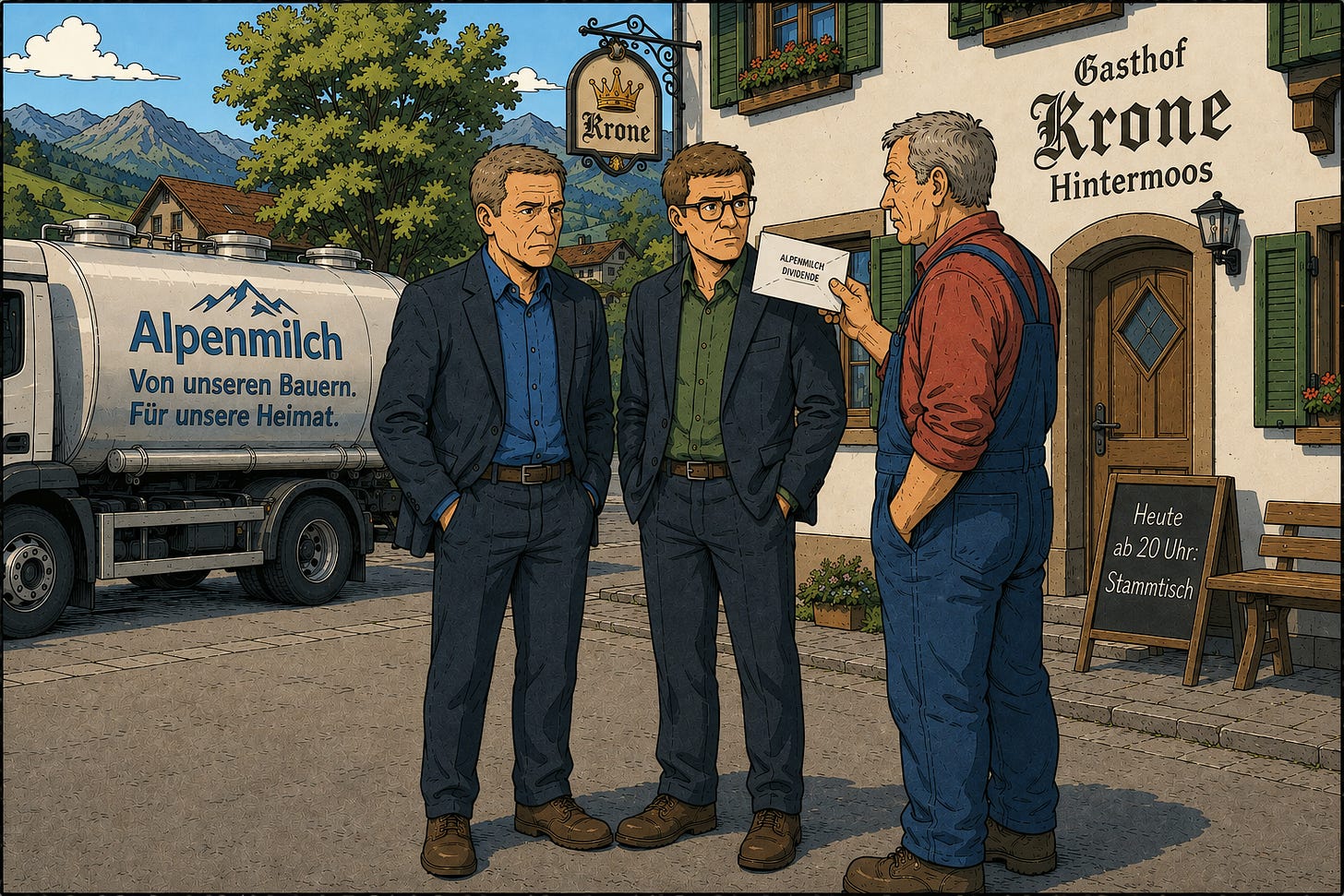 KI-generierte Illustration im Ligne-Claire-Stil von einer fiktischen Geschichte mit fiktiven Personen: Vor dem Gasthof «Krone» in Hintermoos stehen die früheren Landwirte Simon Moser und Lukas Steiner im Anzug einem Milchbauern im Arbeitsgewand gegenüber. Dieser hält ihnen einen Umschlag mit der Aufschrift «Alpenmilch Dividende» entgegen. Dahinter steht ein Milchtankwagen mit dem Slogan «Von unseren Bauern. Für unsere Heimat.» KI-generierte Illustration im Ligne-Claire-Stil von einer fiktischen Geschichte mit fiktiven Personen: Vor dem Gasthof «Krone» in Hintermoos stehen die früheren Landwirte Simon Moser und Lukas Steiner im Anzug einem Milchbauern im Arbeitsgewand gegenüber. Dieser hält ihnen einen Umschlag mit der Aufschrift «Alpenmilch Dividende» entgegen. Dahinter steht ein Milchtankwagen mit dem Slogan «Von unseren Bauern. Für unsere Heimat.»