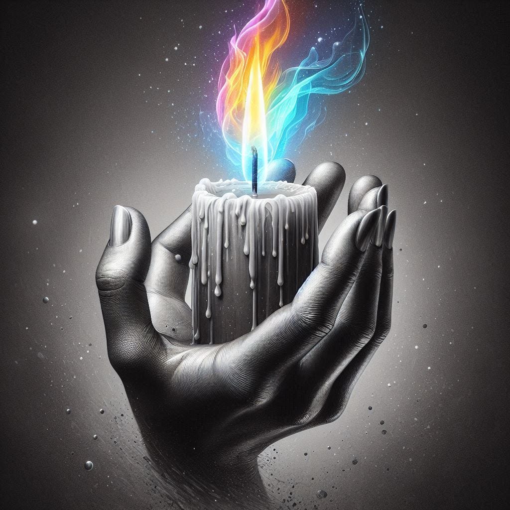 AI generated image of a pair of hands cupping a candle with brightly colored flames.